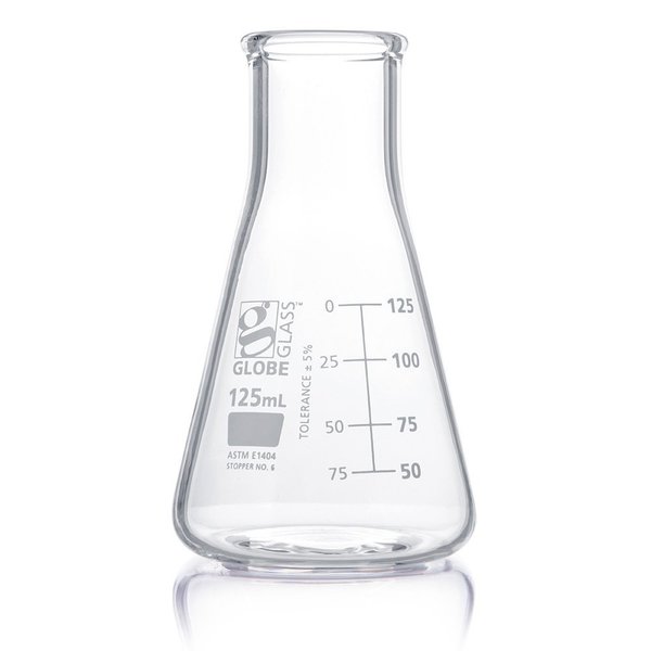 Globe Scientific Flask, Erlenmeyer, Globe Glass, 125mL, Wide Mouth, Dual Graduations, ASTM E1404, 12/Box 8410125